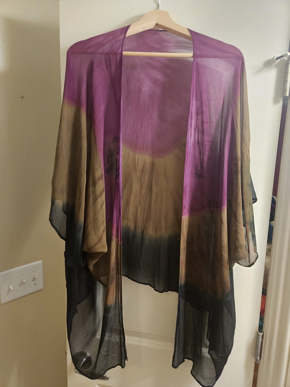 Hand Dyed Sheer Silk Ombre Kimono Cardigan Purple Olive Black Boho Wrap